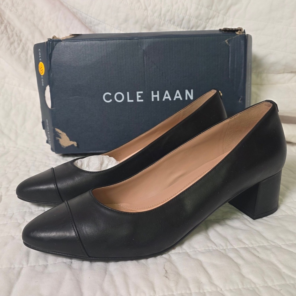 Cole Haan Go-To Pumps 45mm Black Leather Block Heel Waterproof Womens 8.5 NEW